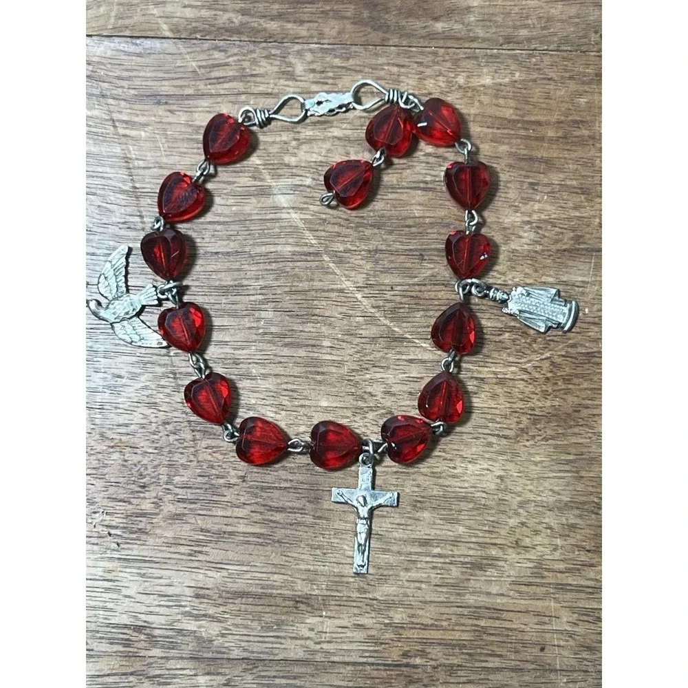 Vtg Religious Bracelet CHAPEL Co. Red Czech Glass Hearts Sterling Silver Charms